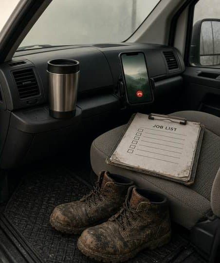 A work van's dashboard with a phone showing a missed call.