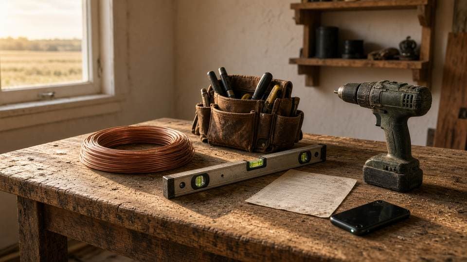A workbench with a tool belt, a level, a drill and a phone.
